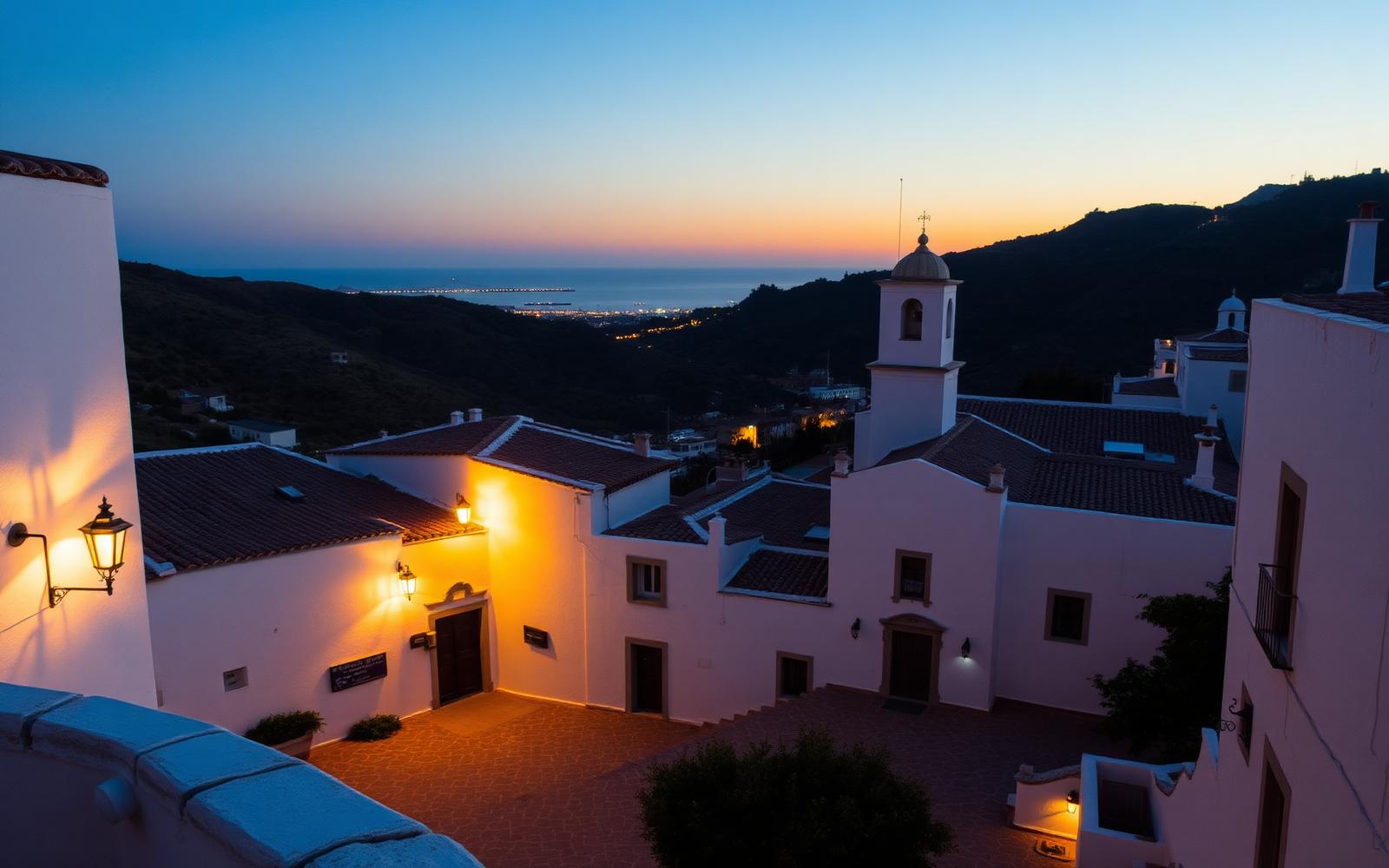 Quiet whitewashed square in Benalmádena Pueblo at dusk with coastal lights below