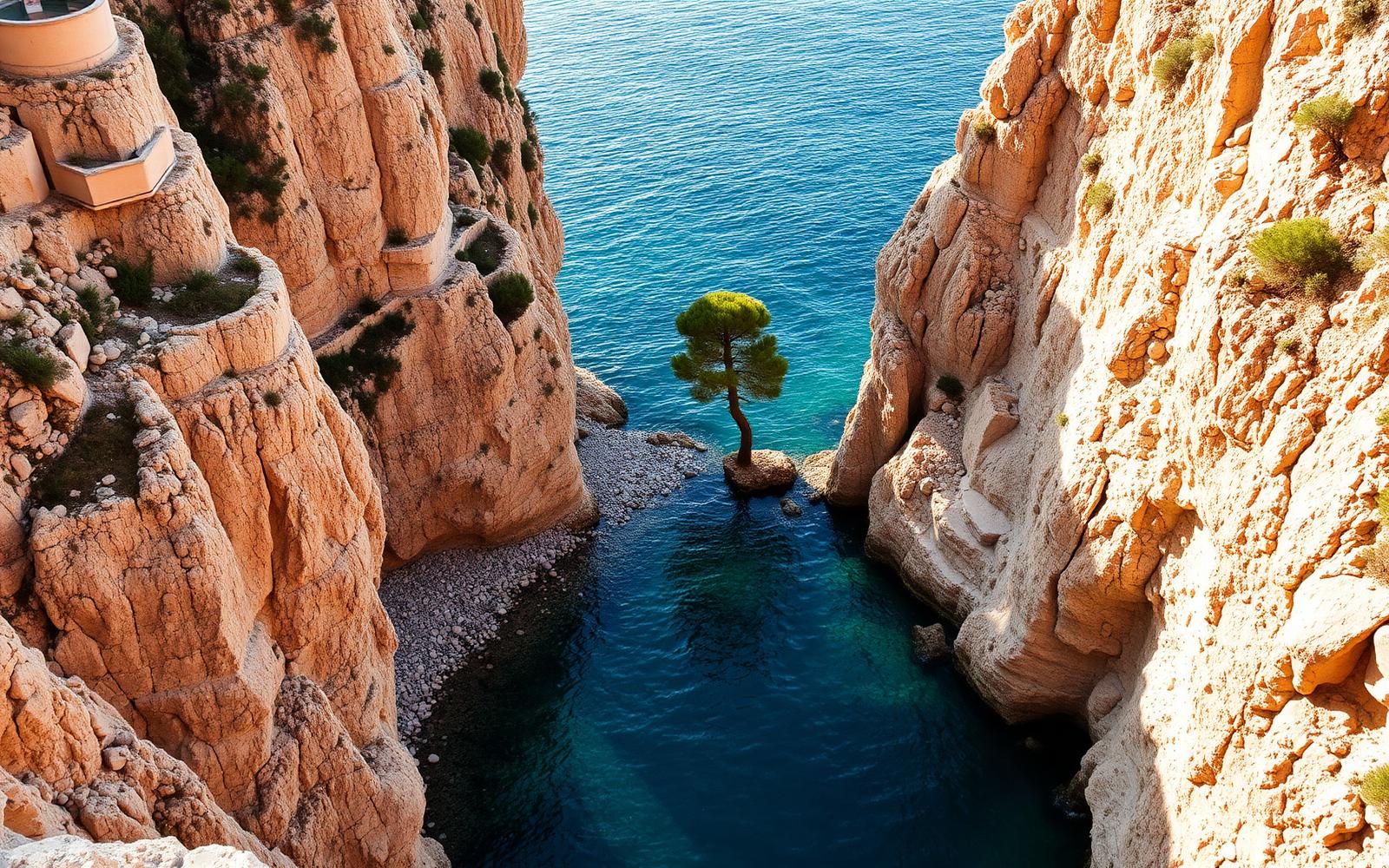 Hidden pebble cove between cliffs with a single pine tree