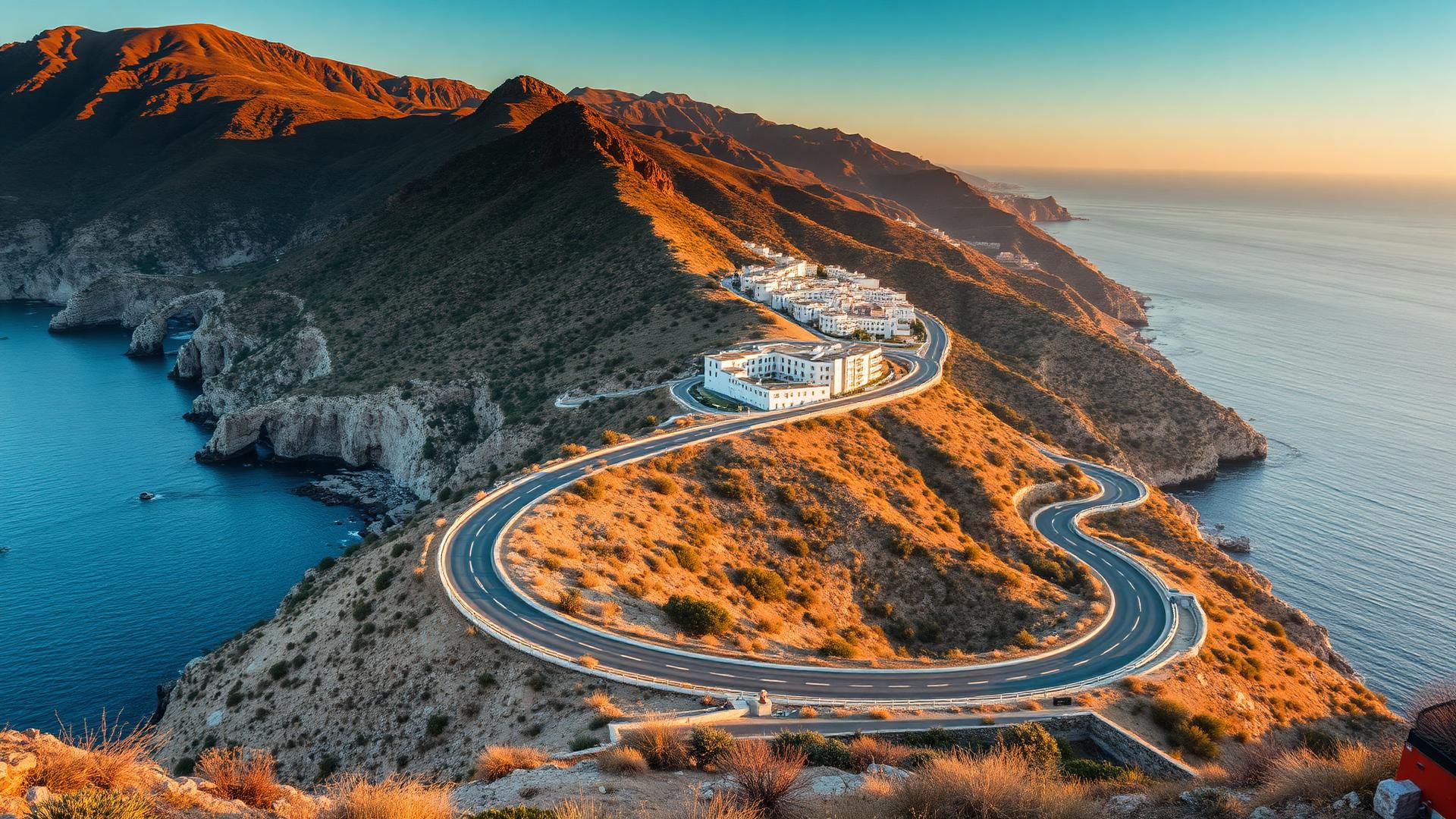 Winding mountain road above the Mediterranean with a white village on the hillside