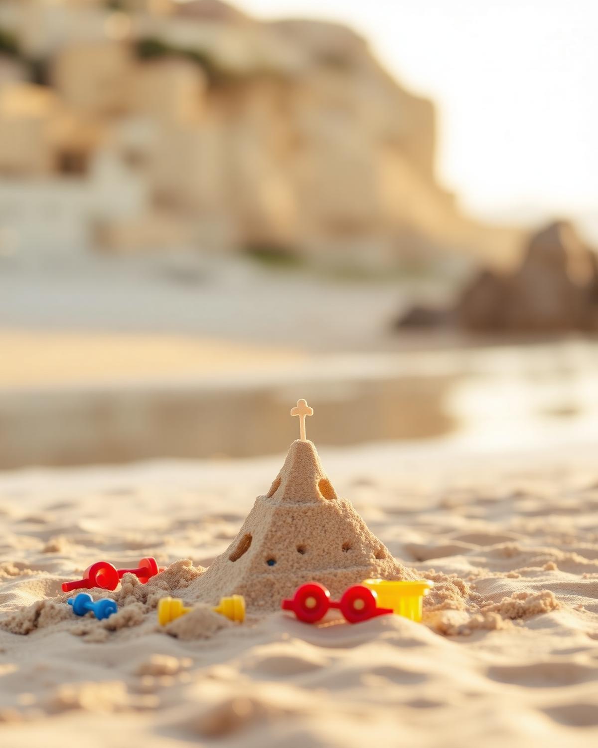 Sandcastle and beach toys on a sunlit Spanish shore