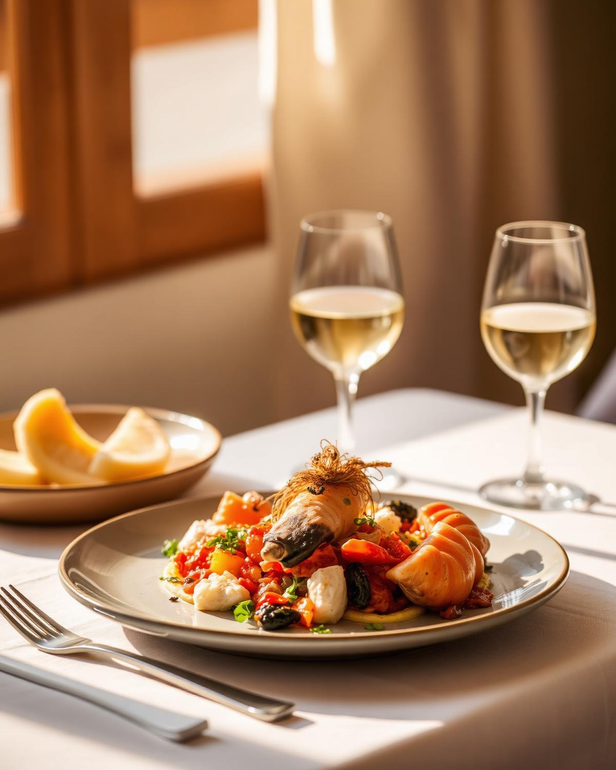 Andalusian seafood dish and white wine in warm light