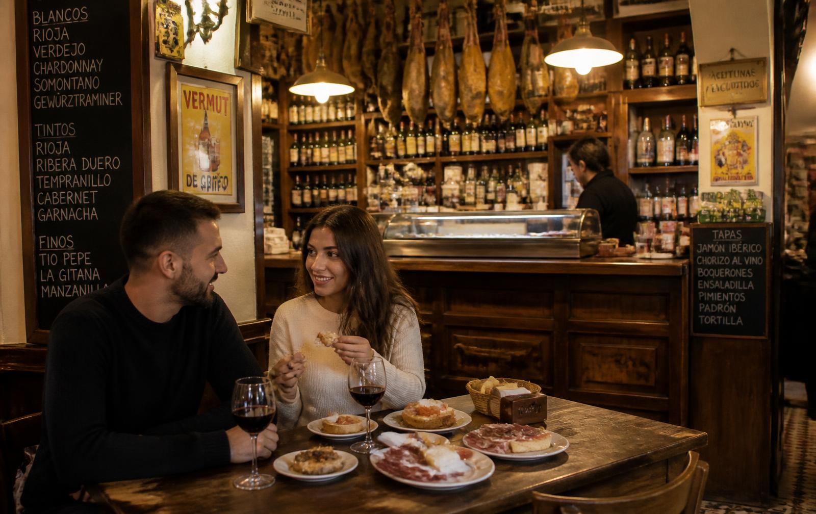 Traditional Spanish bodega interior with tapas and wine in the town centre