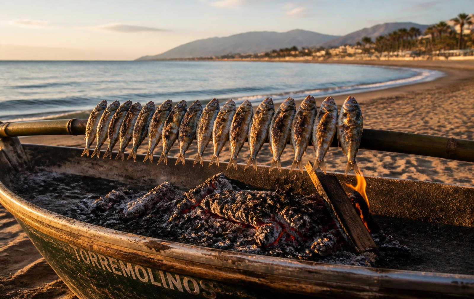 Sardine espetos grilling over embers on the sand facing the Mediterranean