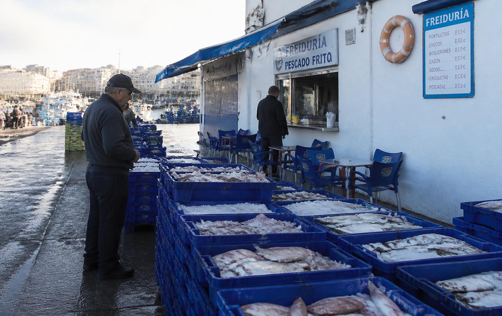 Crates of fresh fish beside a traditional freiduría next to the fishing port
