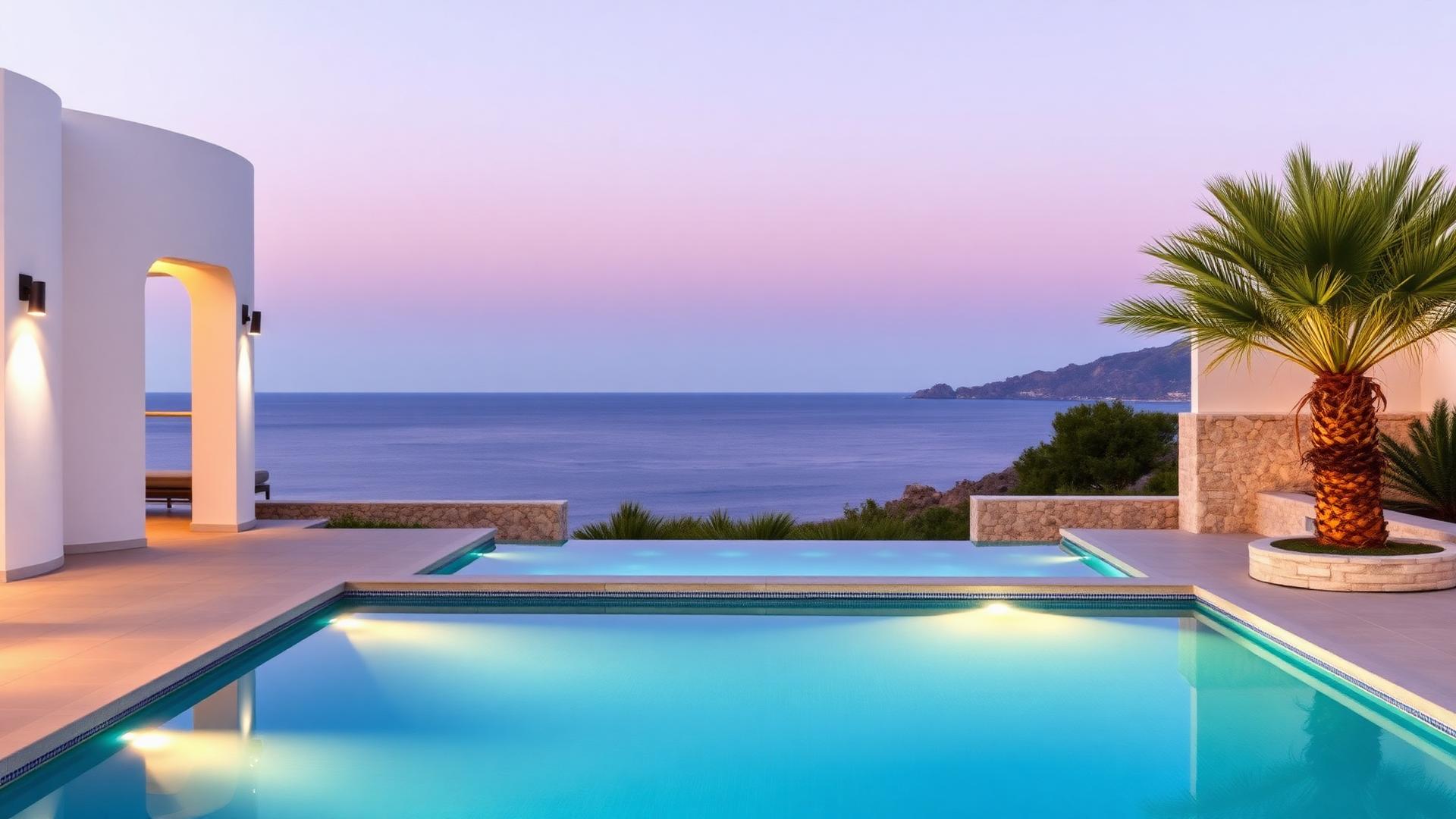 Pool and sea view of MIA Fuengirola at dusk