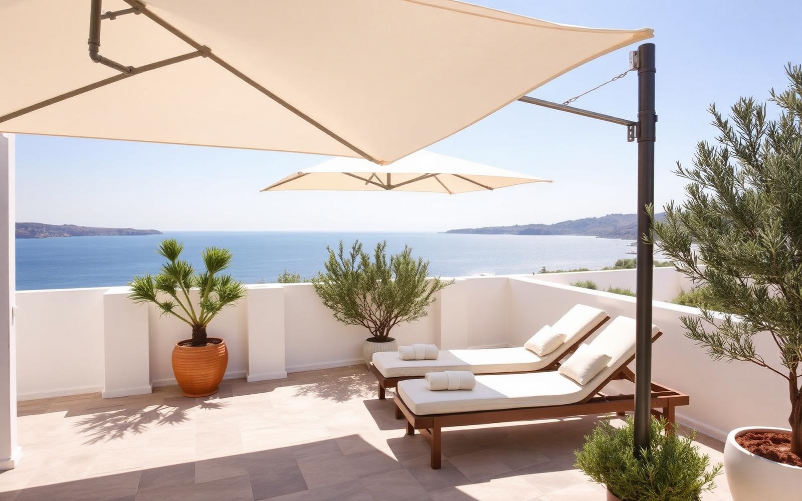 Terrace of MIA Fuengirola with loungers and olive trees