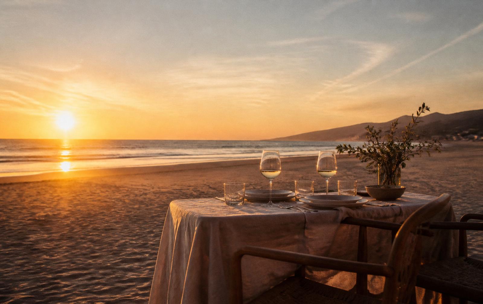 Table set on the sand of Zahara beach at sunset