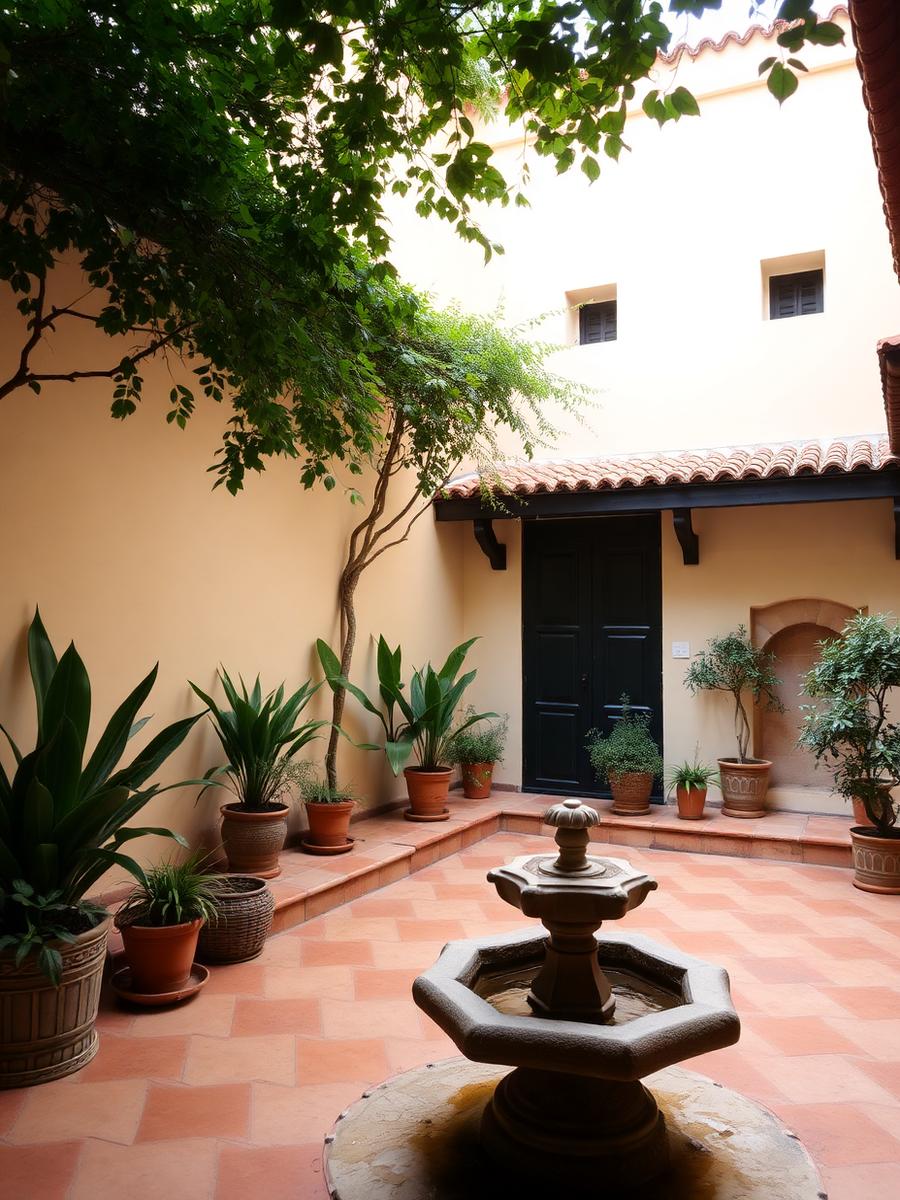 Andalusian courtyard with fountain and terracotta tiles