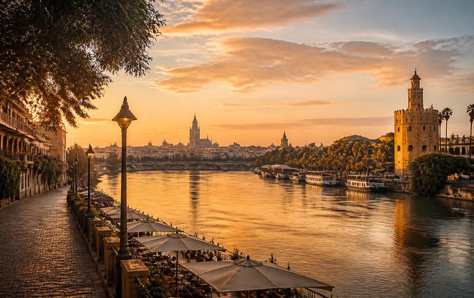 Guadalquivir river and Torre del Oro seen from Calle Betis in Triana at sunset